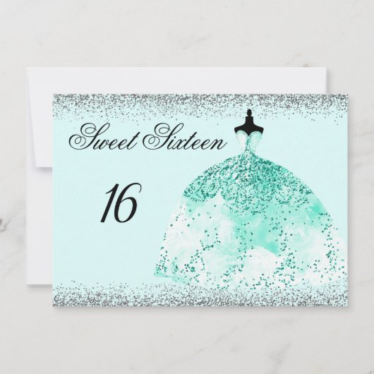 Blauwgroen Mint Glitter Confetti Sweet 16-uitnodig Kaart (Voorkant)