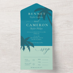 Blauwgroen & Mint Groene Palm Trees Strand Wedding All In One Uitnodiging