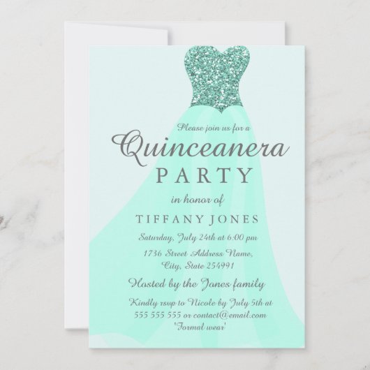 Blauwgroen mint-mousserende glitter Gown Quinceane Kaart (Voorkant)