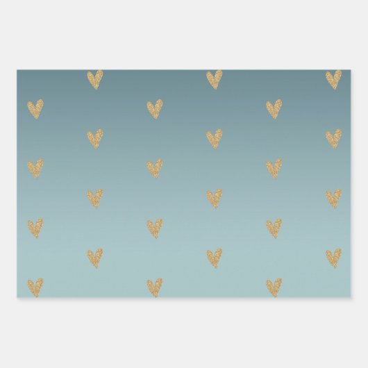 Blauwgroen Mint Ombre Goud Glitter Hart Inpakpapier Vel (Voorkant)