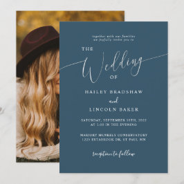 Blauwgroen modern minimaal fotohuwelijk kaart