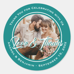 Blauwgroen Modern Script Wedding Photo Favor Ronde Sticker
