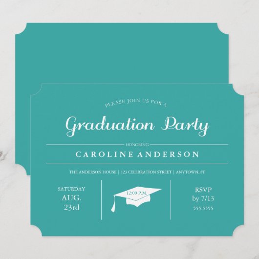Blauwgroen moderne chique Afstuderen uitnodiging (Voorkant / Achterkant)