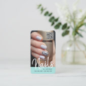 Blauwgroen moderne grafische QR-codenagels foto  Visitekaartje (Staand voorkant)