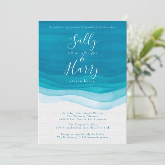 Blauwgroen, moderne Waterverf Waves bruiloft Kaart (Staand voorkant)
