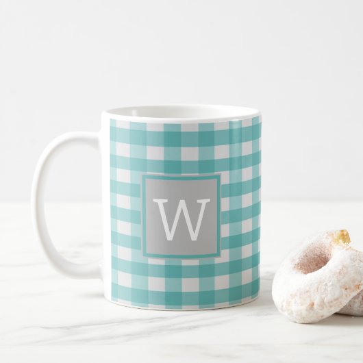 Blauwgroen Mok van buffelspelmonogram (Met donut)