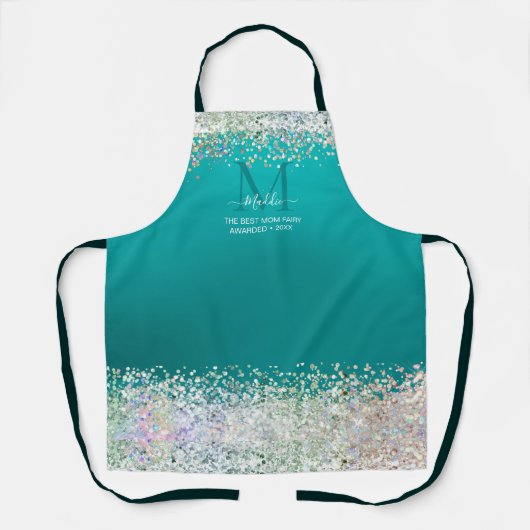 Blauwgroen monogram apr. schort (Voorkant)