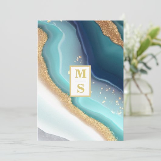 *~* BLAUWGROEN Monogram AR66 RSVP Agaat QR Bruilof Kaart (Staand voorkant)