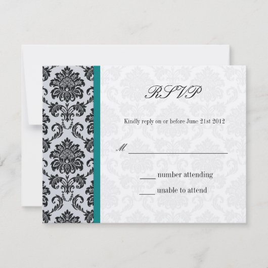 Blauwgroen Monogram Damask Vintage Wedding RSVP (Voorkant)
