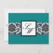 Blauwgroen Monogram Damask Vintage Wedding RSVP (Achterkant)