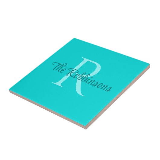 Blauwgroen monogram Familienaam Keramische Tegel Tegeltje (Zijkant)