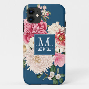Blauwgroen Monogram  Floral Peony Swirls Elegant Case-Mate iPhone Case