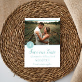 Blauwgroen monogram foto slaat de datum op aankondiging