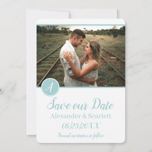 Blauwgroen monogram foto slaat de datum op aankondiging (Voorkant)