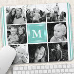 Blauwgroen monogram fotocollage muismat<br><div class="desc">Monogram Family Photo Collage. Pas dit douaneontwerp met uw eigen monogram initiaal of tekst aan.</div>