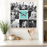 Blauwgroen monogram fotocollage vierkante klok<br><div class="desc">Laat uw dierbare familieherinneringen zien met deze gepersonaliseerde vierkante wandklok. Met een stijlvolle blauwgroen achtergrond en een collage van uw favoriete foto's,  is deze klok een unieke en sentimentele aanvulling op elk huis. Voeg je familie initiaal toe voor een persoonlijk tintje. Een perfect cadeau voor bruiloften,  jubilea,  of housewarmings.</div>