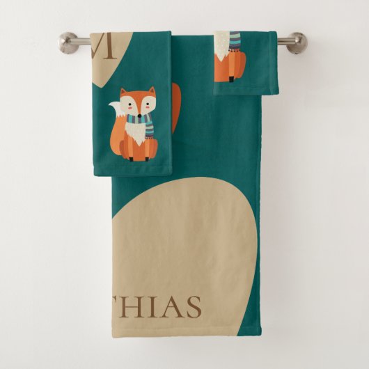 Blauwgroen monogram fox Woodland Animal najaar Bad Handdoek (Insitu)