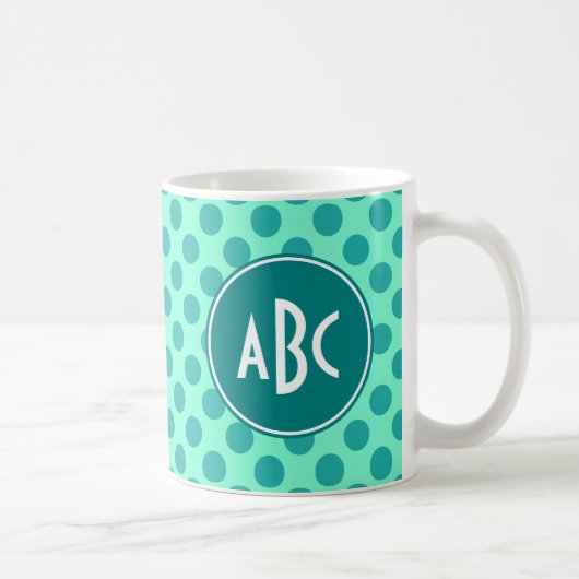 Blauwgroen Monogram Green Polka Dot Koffiemok (Rechts)