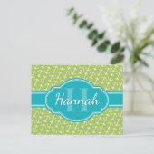 Blauwgroen monogram groen wit anker patroon briefkaart (Staand voorkant)