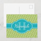 Blauwgroen monogram groen wit anker patroon briefkaart (Voorkant / Achterkant)