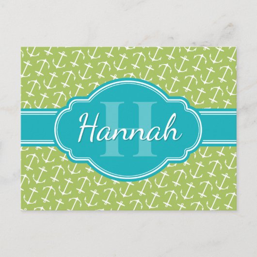 Blauwgroen monogram groen wit anker patroon briefkaart (Voorkant)