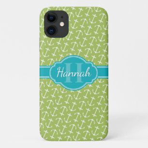 Blauwgroen monogram groen wit anker patroon Case-Mate iPhone case