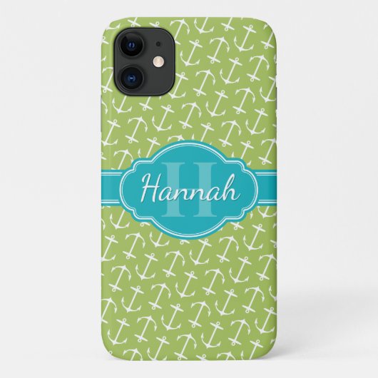 Blauwgroen monogram groen wit anker patroon Case-Mate iPhone case (Achterkant)