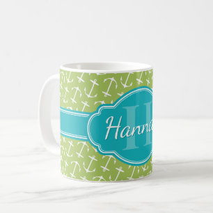 Blauwgroen monogram groen wit anker patroon koffiemok