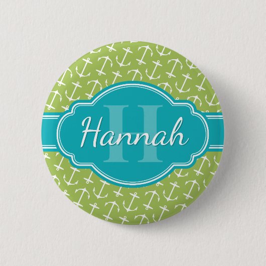 Blauwgroen monogram groen wit anker patroon ronde button 5,7 cm (Voorkant)