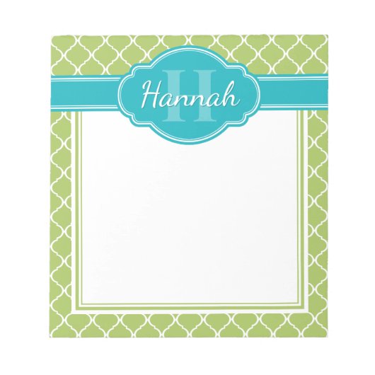 Blauwgroen monogram groen wit patroon notitieblok (Voorkant)