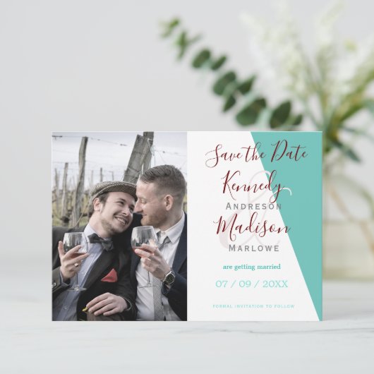 Blauwgroen Monogram 💍 Moderne Geometrische Elegan Save The Date (Staand voorkant)