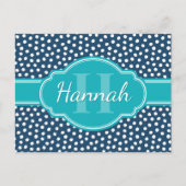Blauwgroen monogram Navy White Dotted Pattern Briefkaart (Voorkant)
