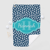 Blauwgroen monogram Navy White Dotted Pattern Golfhanddoek (Insitu)