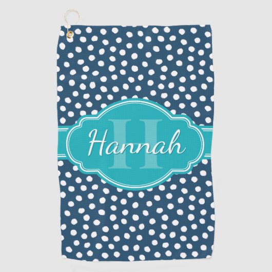 Blauwgroen monogram Navy White Dotted Pattern Golfhanddoek (Voorkant)