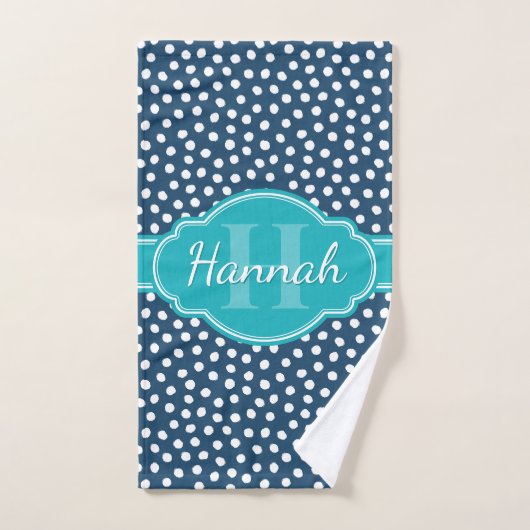 Blauwgroen monogram Navy White Dotted Pattern Handdoek (Handdoek)