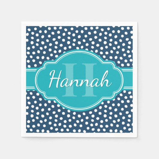 Blauwgroen monogram Navy White Dotted Pattern Servet (Voorkant)