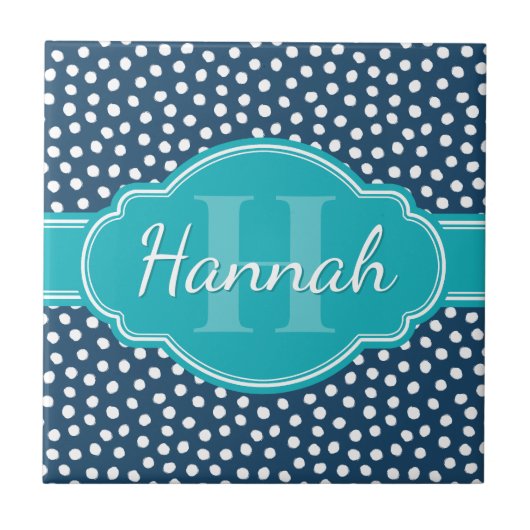 Blauwgroen monogram Navy White Dotted Pattern Tegeltje (Voorkant)