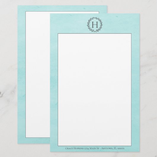 Blauwgroen monogram - poetswerk briefpapier (Voorkant / Achterkant)