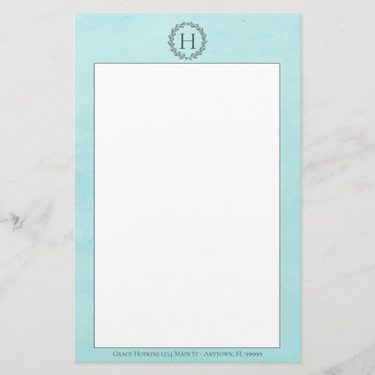 Blauwgroen monogram - poetswerk briefpapier (Voorkant)