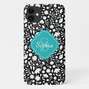 Blauwgroen monogram Quatrefoil Black Floral Patter Case-Mate iPhone Case