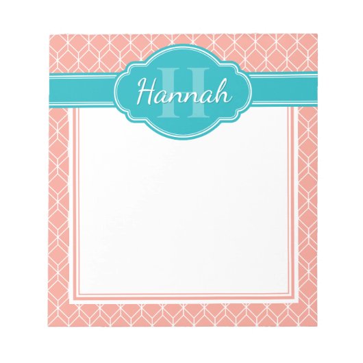 Blauwgroen monogram roze wit diamantpatroon notitieblok (Voorkant)