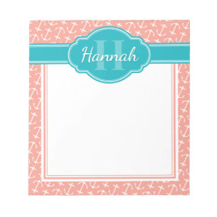 Blauwgroen monogram roze witte anchor patroon notitieblok