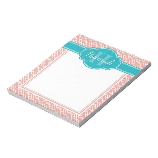 Blauwgroen monogram roze witte diamantpatroon notitieblok (Linkerzijde)