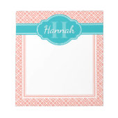 Blauwgroen monogram roze witte diamantpatroon notitieblok (Voorkant)