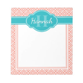 Blauwgroen monogram roze witte diamantpatroon notitieblok