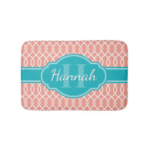Blauwgroen monogram roze witte, elegante rasterpat badmat
