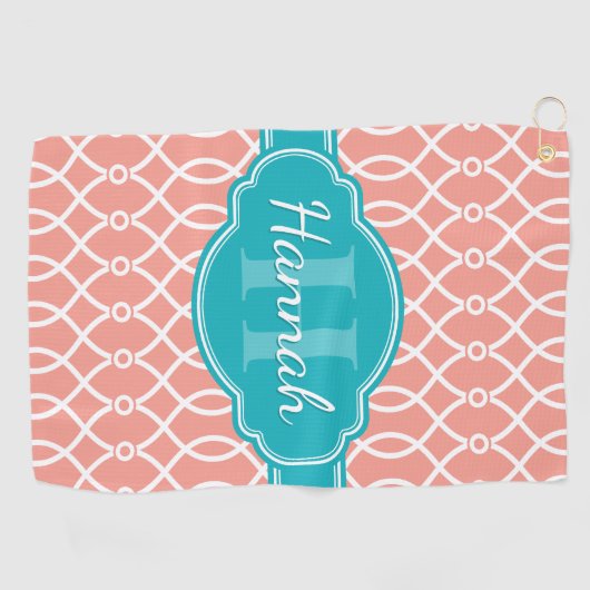 Blauwgroen monogram roze witte, elegante rasterpat golfhanddoek (Horizontaal)