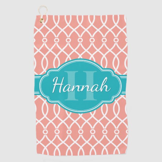 Blauwgroen monogram roze witte, elegante rasterpat golfhanddoek (Voorkant)