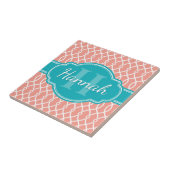 Blauwgroen monogram roze witte, elegante rasterpat tegeltje (Zijkant)