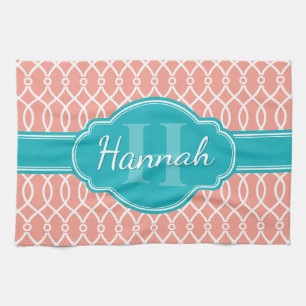Blauwgroen monogram roze witte, elegante rasterpat theedoek
